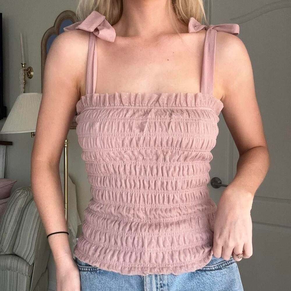 Anthropologie Ruched Polka Dot Tank Top with Bow Straps